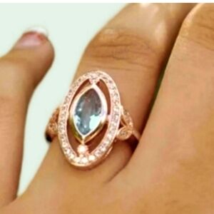 NWT Rose Gold & White Gold Plated Marquise Cut, Created Blue Aquamarine CZ Ring